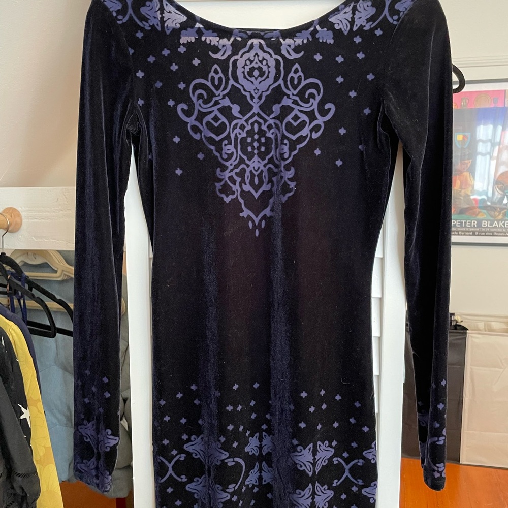 Free People Navy Velvet Long Sleeve Bodycon Dress